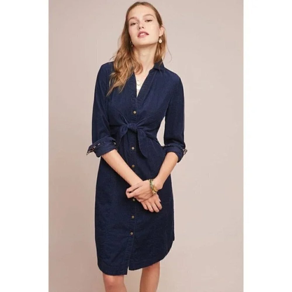 Anthropologie Maeve Navy Blue Corduroy Winchester Waist Tie Shirt Dress 0